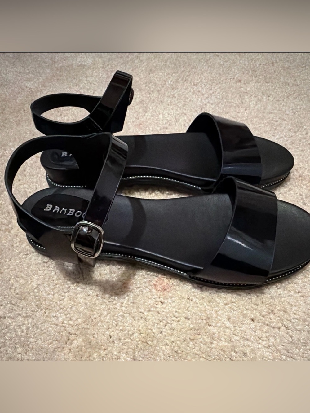 BAMBOO Black Patent Ankle-Strap Sandals